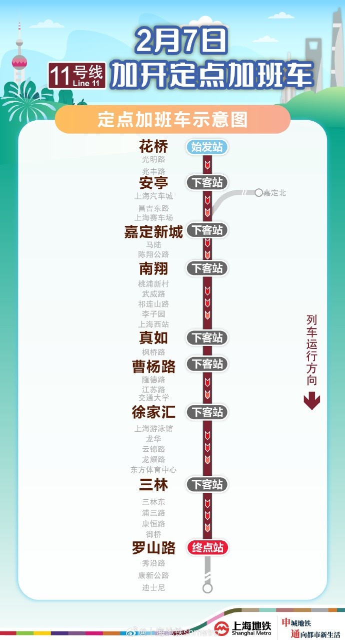  方便觀賽球迷返滬，2月7日晚上海地鐵11號線花橋站開行定點(diǎn)加班車
