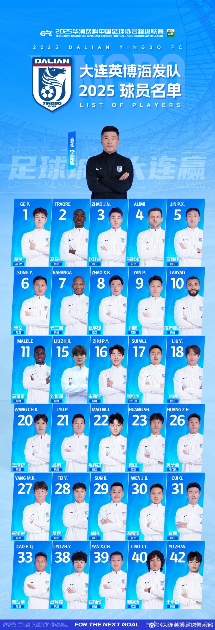  大連英博一線隊(duì)名單：10號(hào)拉布亞德領(lǐng)銜五外援，共30名球員入選