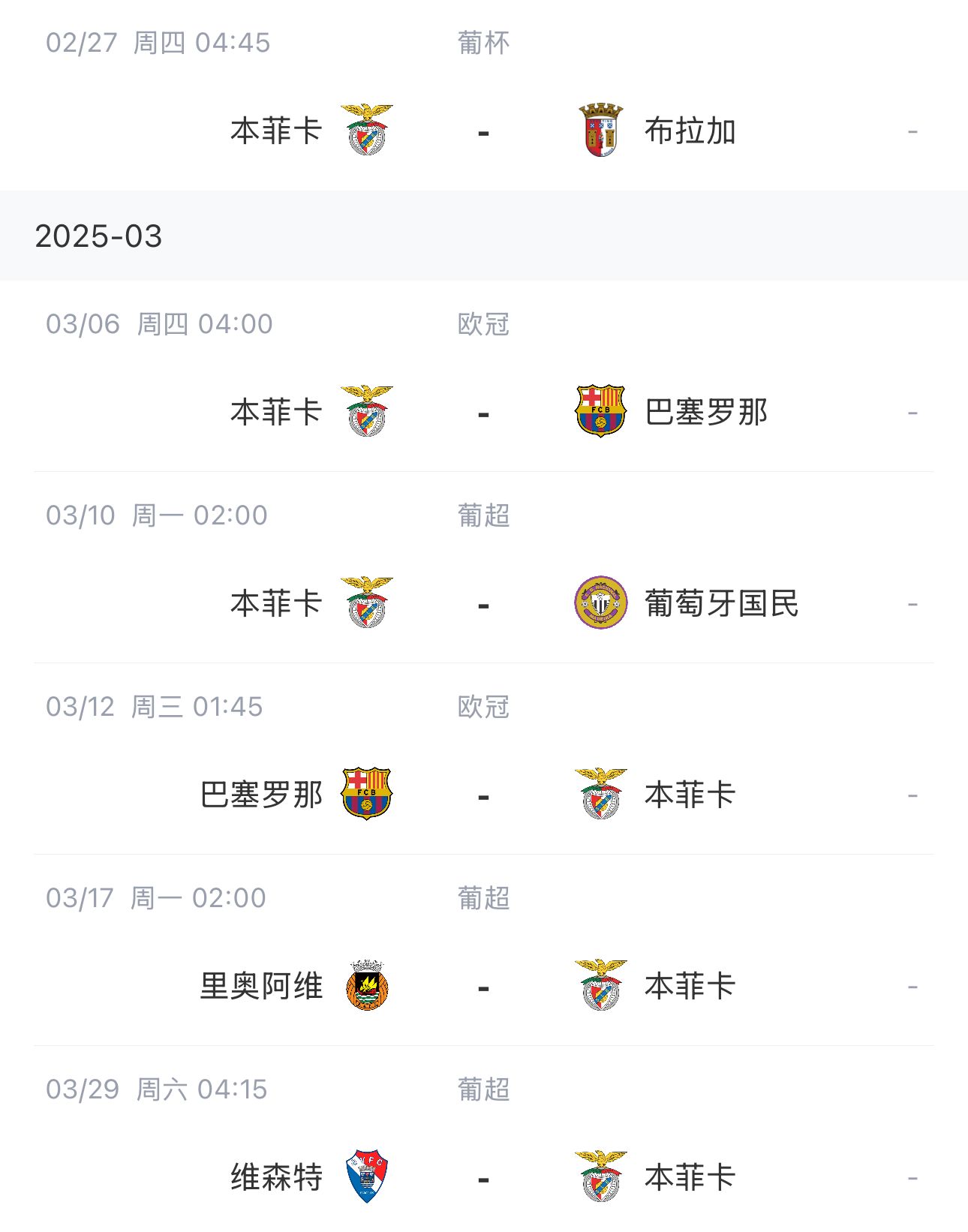  讓路歐冠！本菲卡戰(zhàn)巴薩首回合比賽前的葡超比賽推遲進(jìn)行
