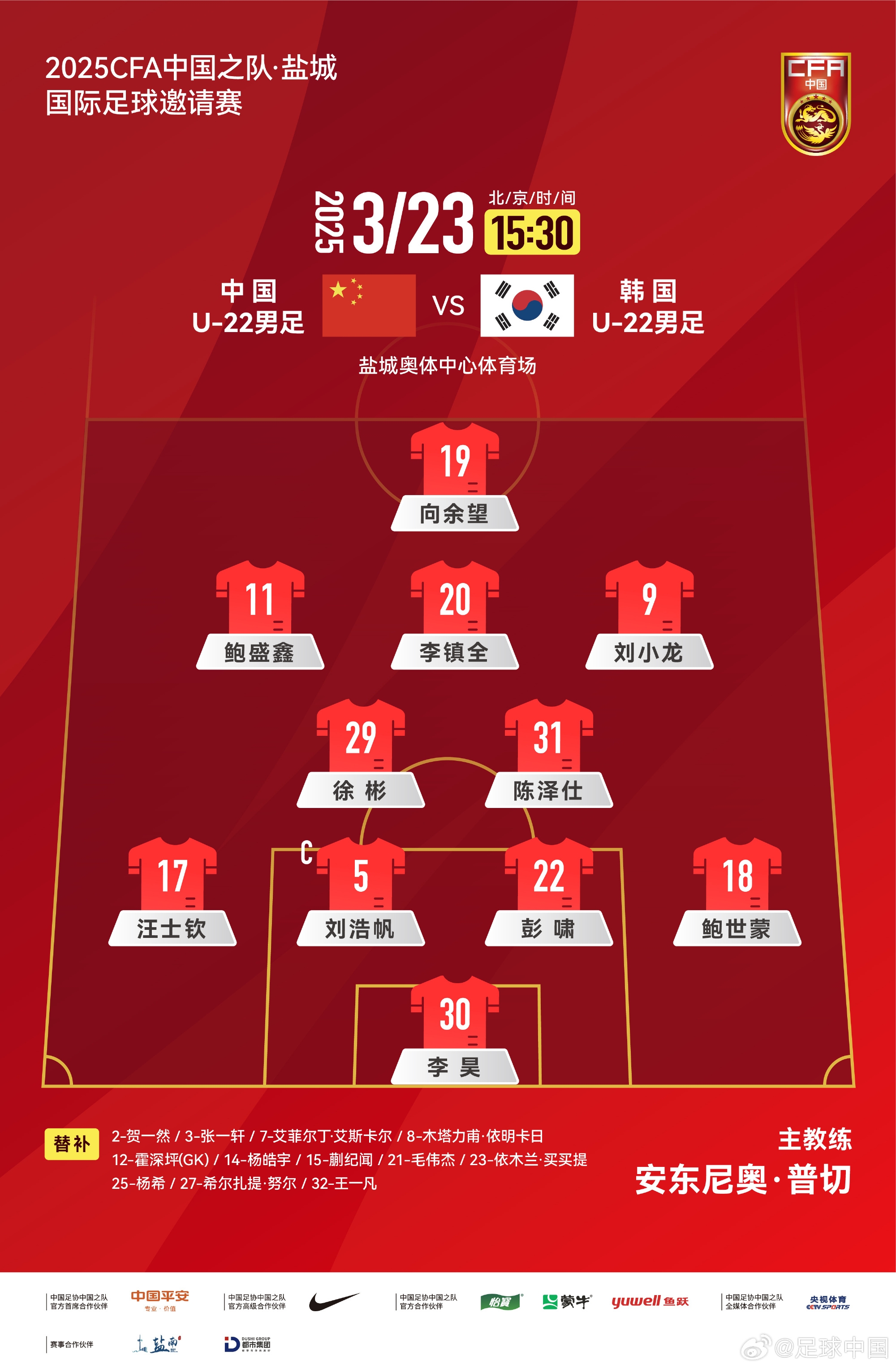  鹽城四國賽，中國U-22男足對(duì)陣韓國U-22男足，中國隊(duì)首發(fā)陣容